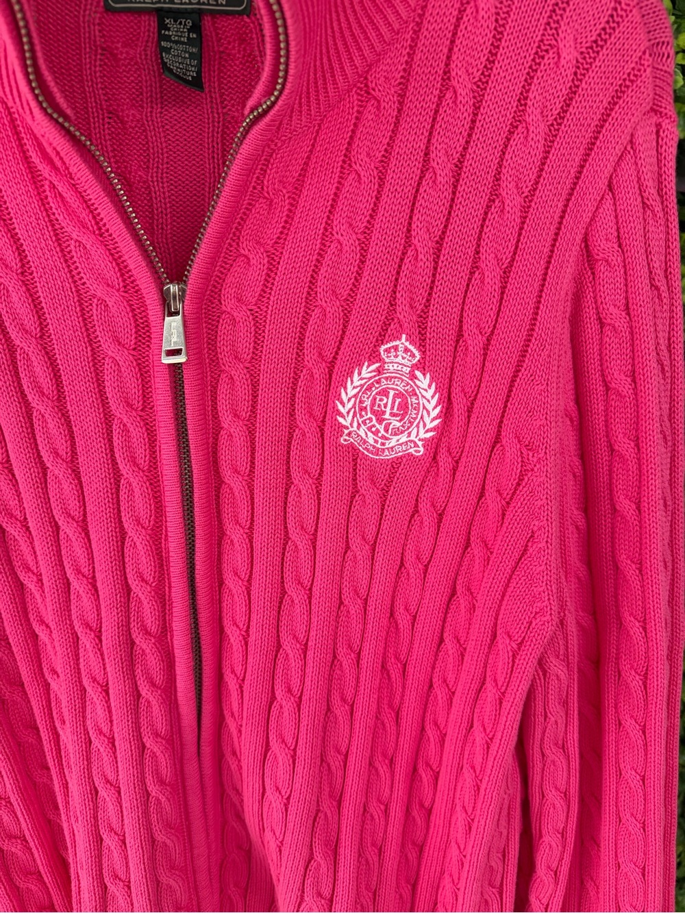Lauren Ralph Lauren Active XL Hot Pink Cable Knit Full Zip Cotton Sweater - Picture 3 of 7